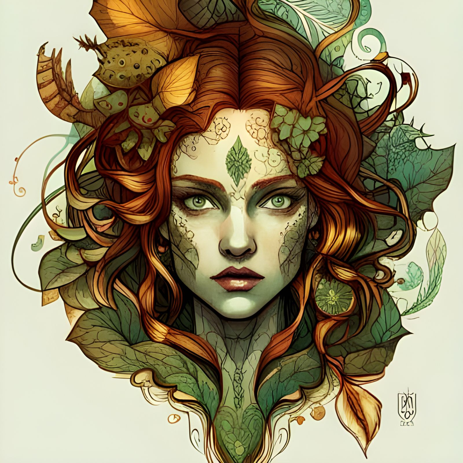 Detailed Portrait of Poison Ivy with Golden Outlines