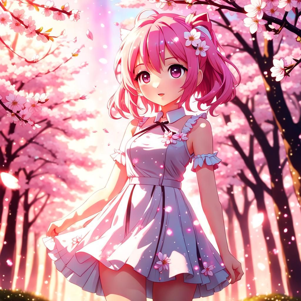 Anime Girl Portrait with Sakura Blossoms in Pastel Colors