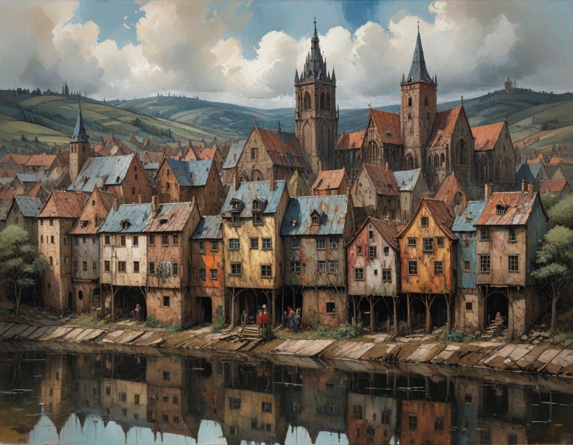 Medieval Townscape in Abstract Expressionist Style