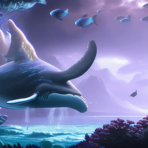 Underwater Castle with Whales in Detailed Fantasy Art