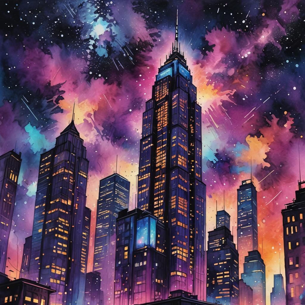 Neon Skyscraper at Sunset, Digital Watercolor Style