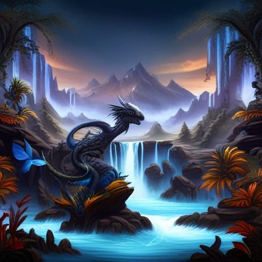 Black Dragon in Ethereal Waterfall: Fantasy Art