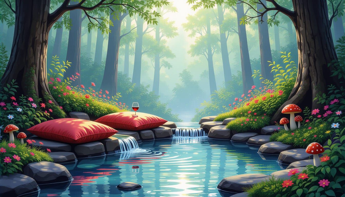 Misty Woods Hot Springs with Wine and Waterfall