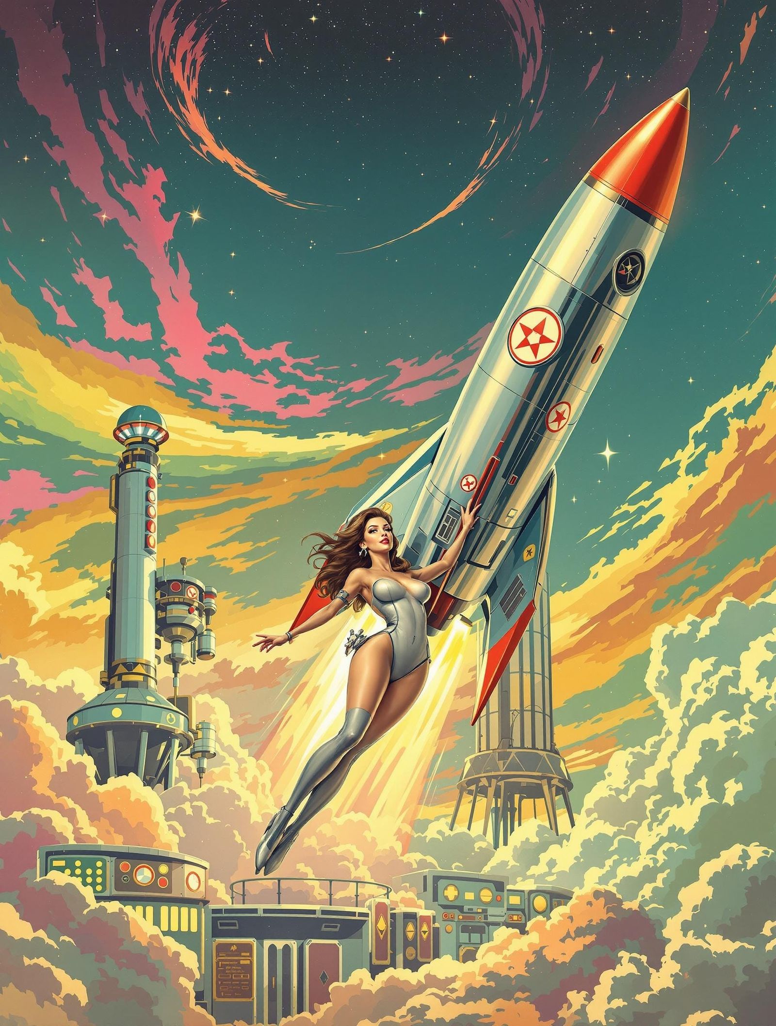 Retro-Futuristic Pin-Up Rocketeer Takes Flight