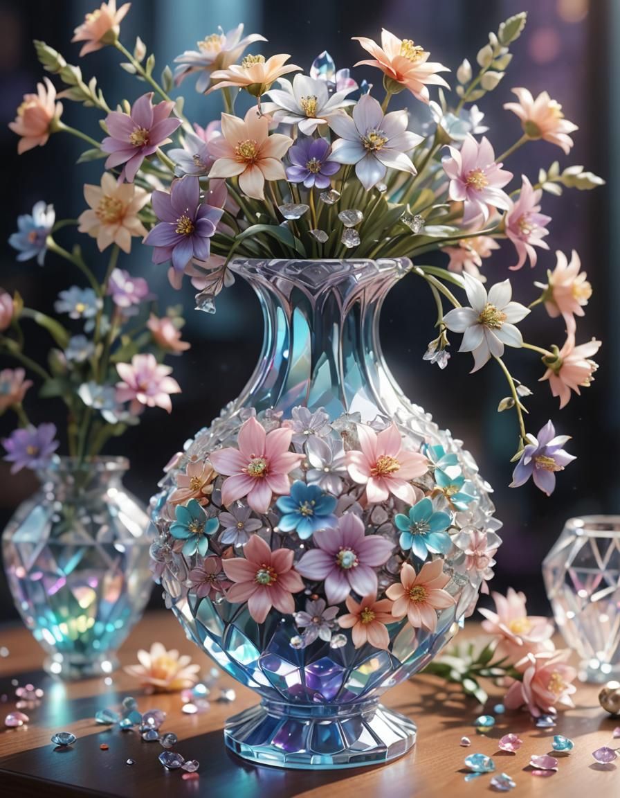 Iridescent Vase with Crystal Flowers in Anime Art