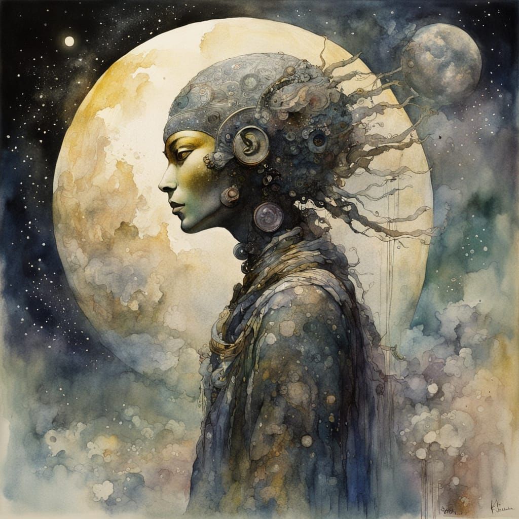 Ethereal Sci-Fi Deity in Chiaroscuro Watercolor