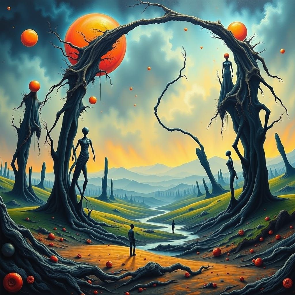 Distorted Surreal Landscapes with Biomechanical Figures
