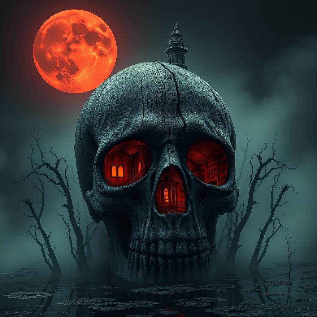A haunted skull-shaped house in the middle of a haunted swam...