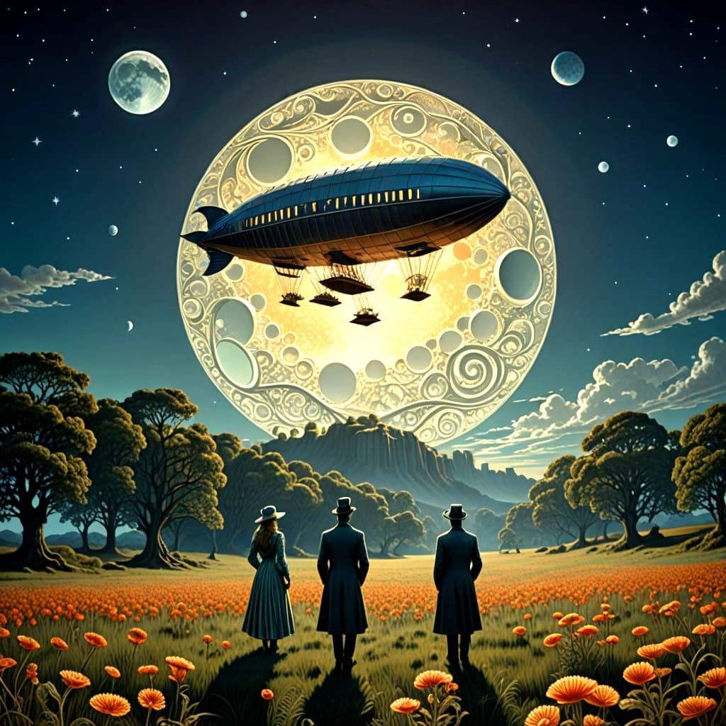 A Zeppelin flies past the moon