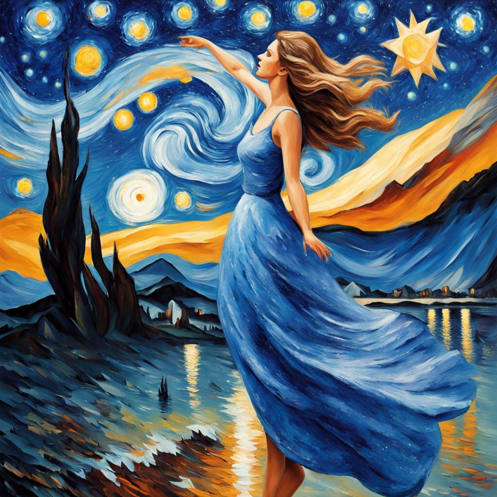Woman Under Starry Impressionist Sky in Thick, Textured Brus...