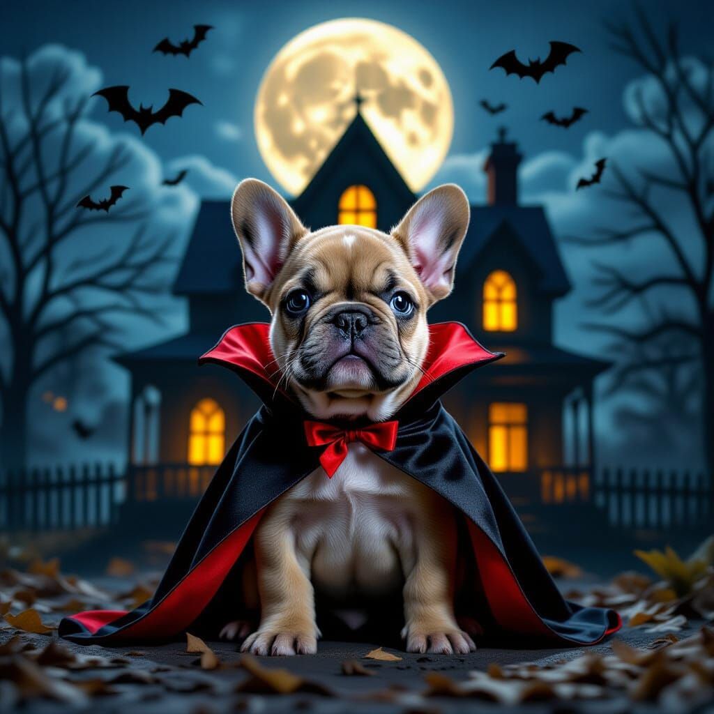 French Bulldog Vampire Puppy Before Haunted House