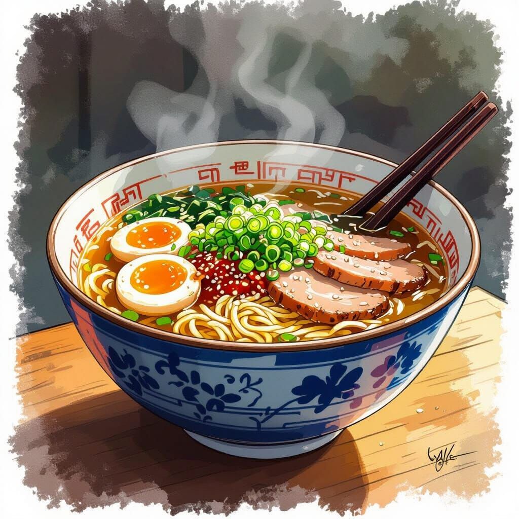 Steaming Ramen Bowl with Savory Noodles and Pork Broth