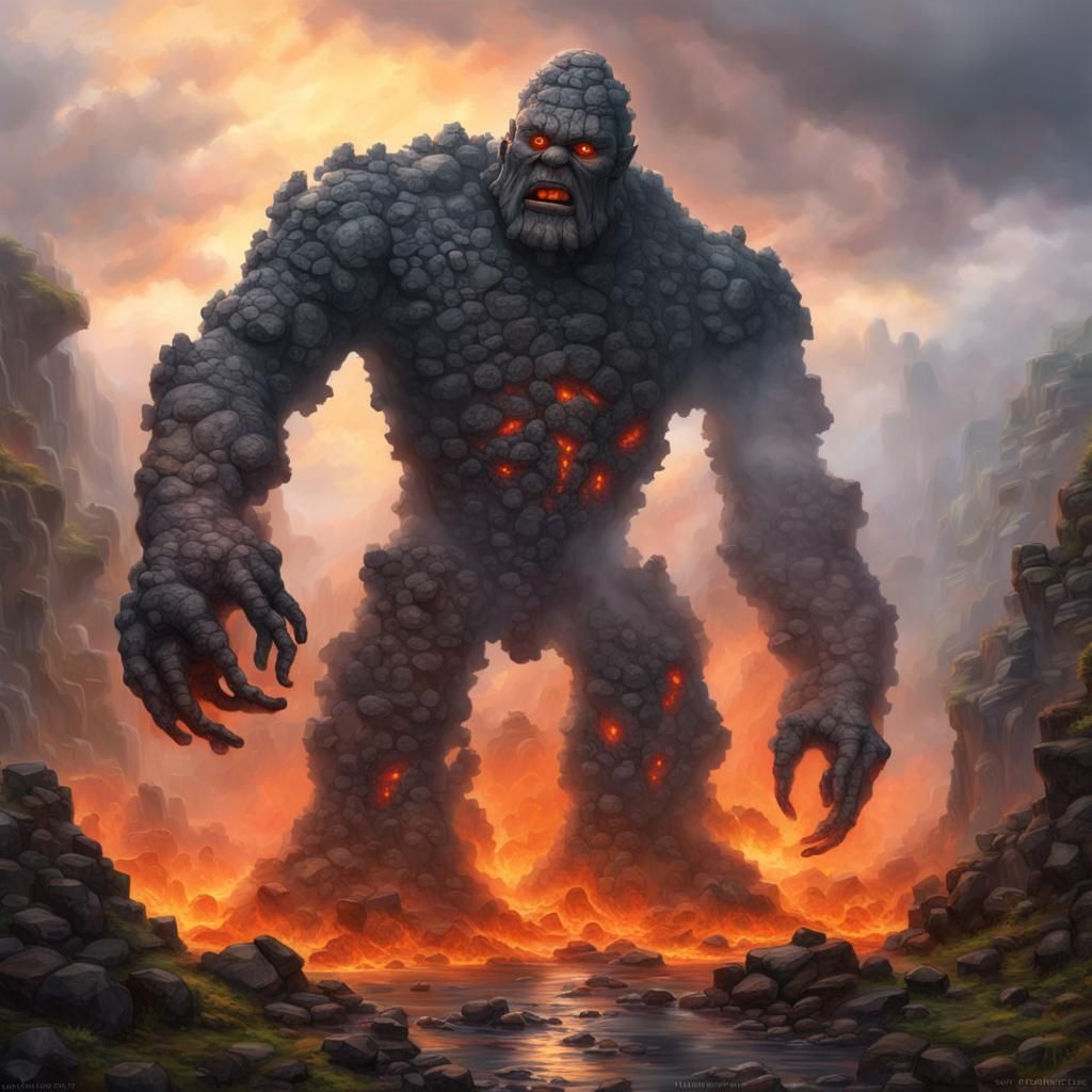 Please create an image of a stone golem.  Big and powerful, lava seethes through the cracks in his body ethereal fantasy...
