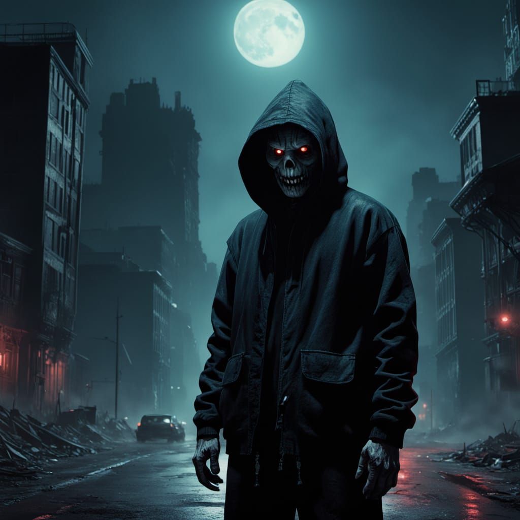 Retro-Futuristic Horror Icon in Tattered Hoodie