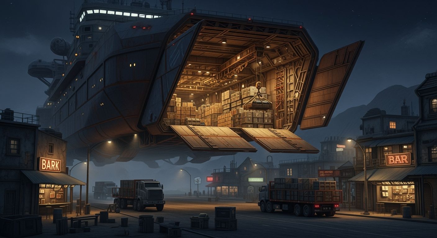 Cargo Ship Resupplies Mining Colony in Sci-Fi Style