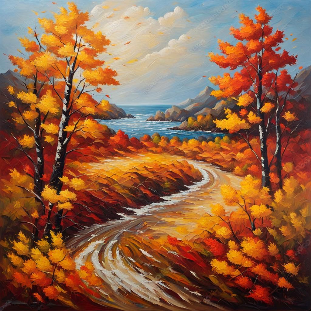 Autumn Landscape Impasto Painting with Ocean Waves