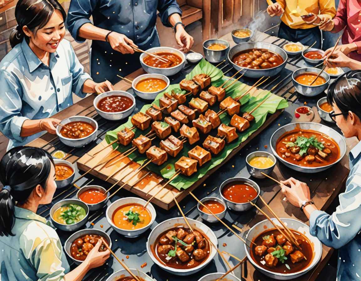 Vibrant Watercolor Scene of People Enjoying Satay