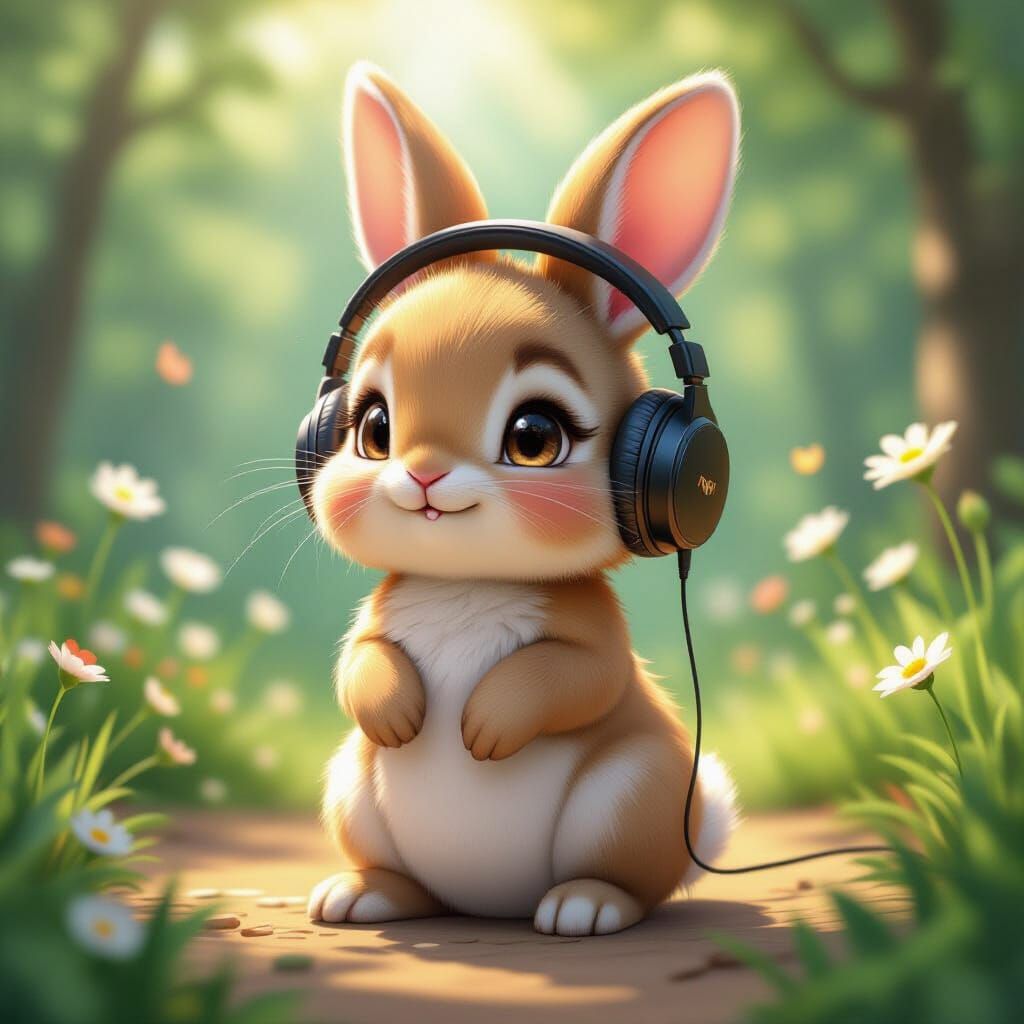 Cute Baby Rabbit Listening to Music as 3D Anime Art