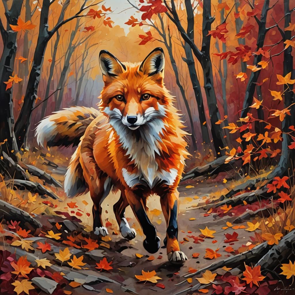 Expressionist Fox in Autumn Forest Painting