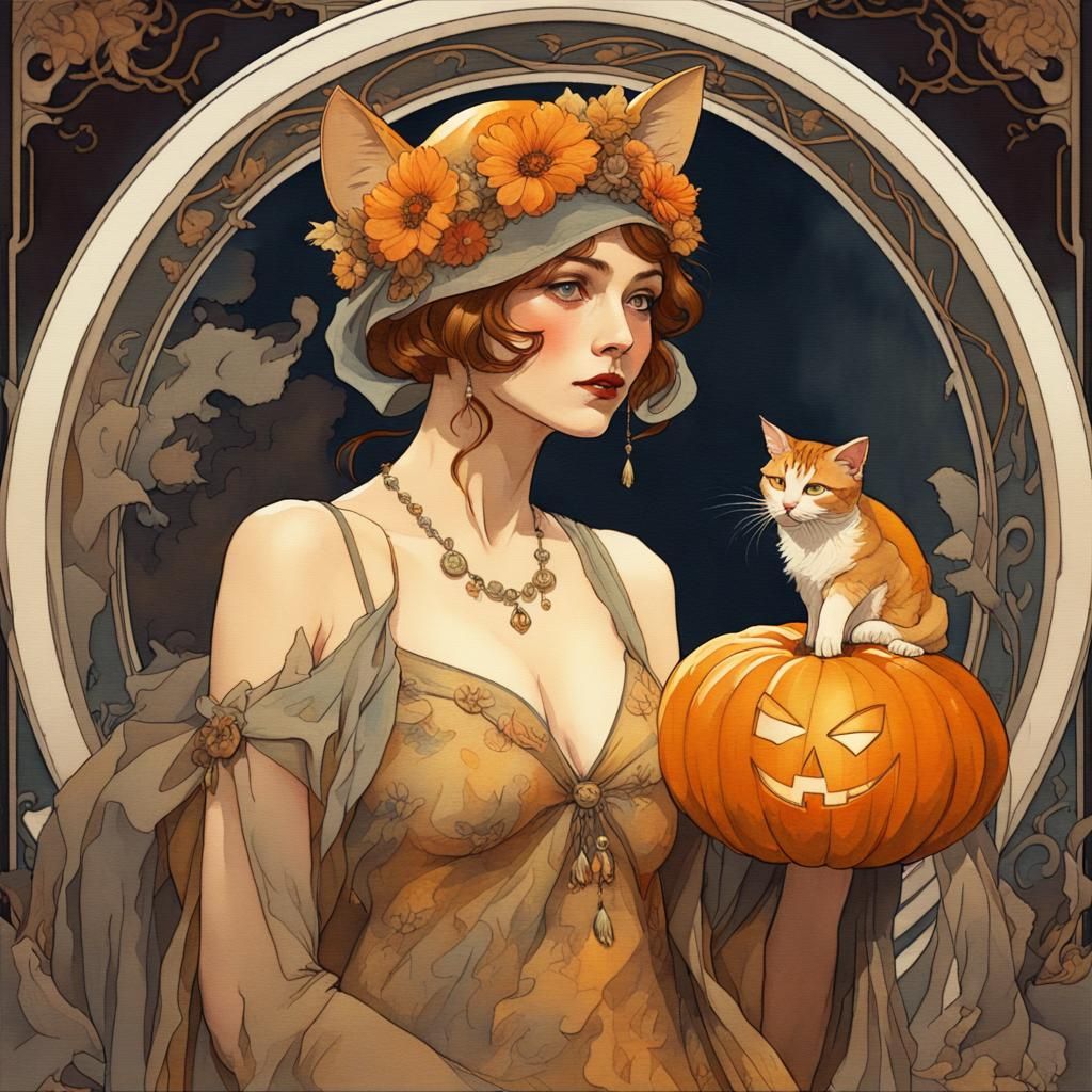 Cat Costume Woman in Gouache Style