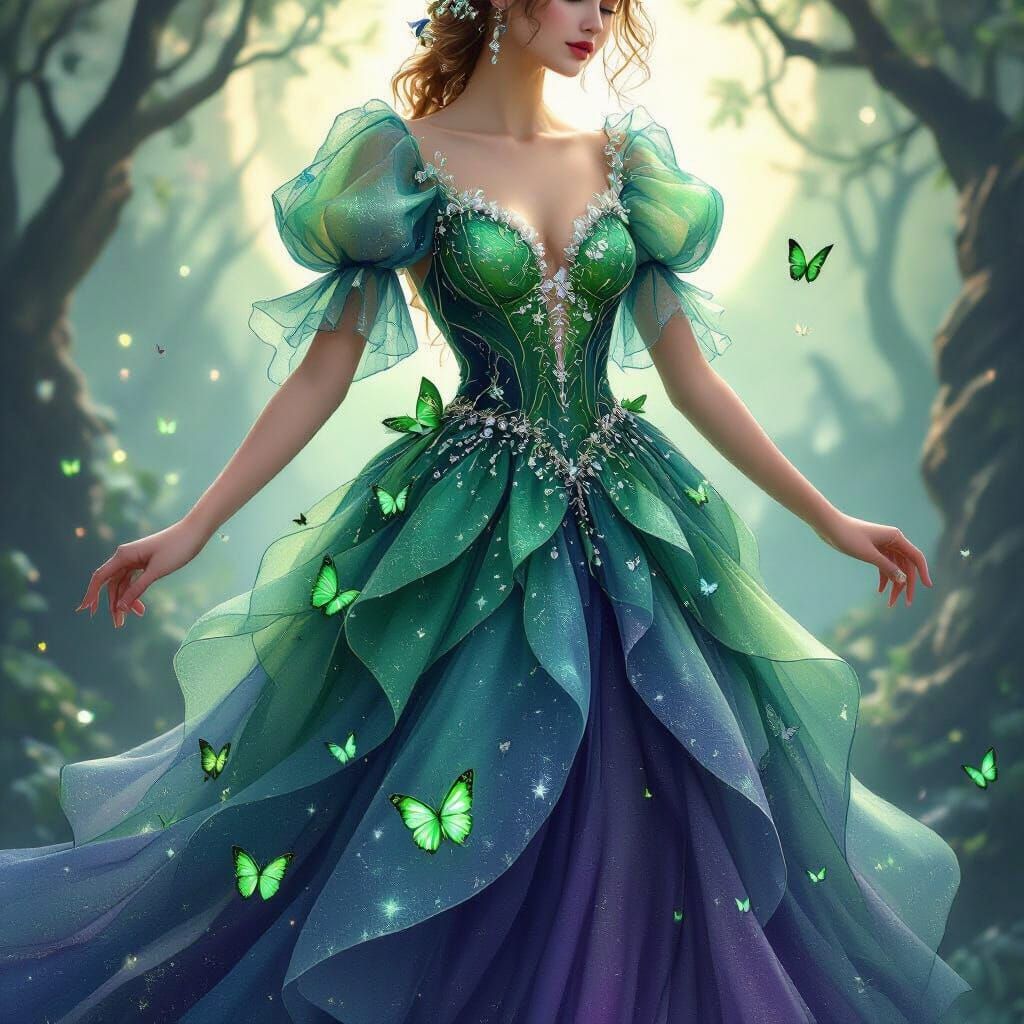 Ethereal Fairy Dress in Green and Purple Hues