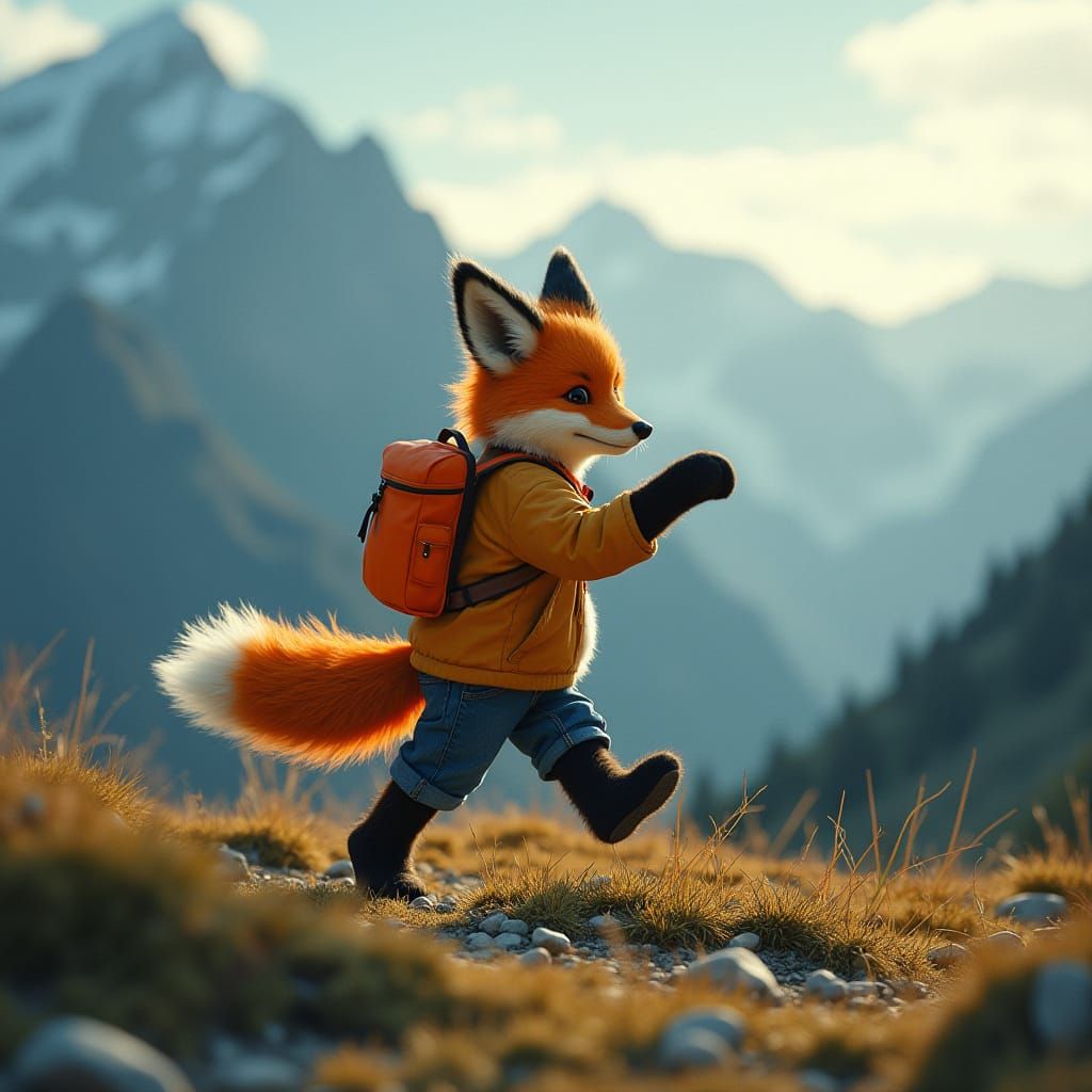 Fox-Boy Dancing in Mountains with Orange Backpack