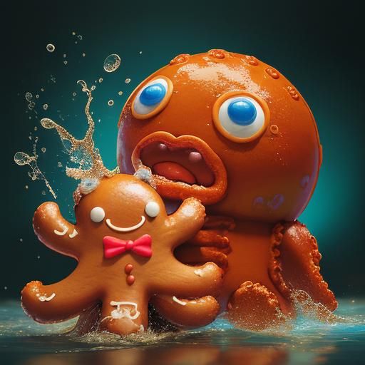 Octopus Hugs Gingerbread Man in Hyperrealistic Style