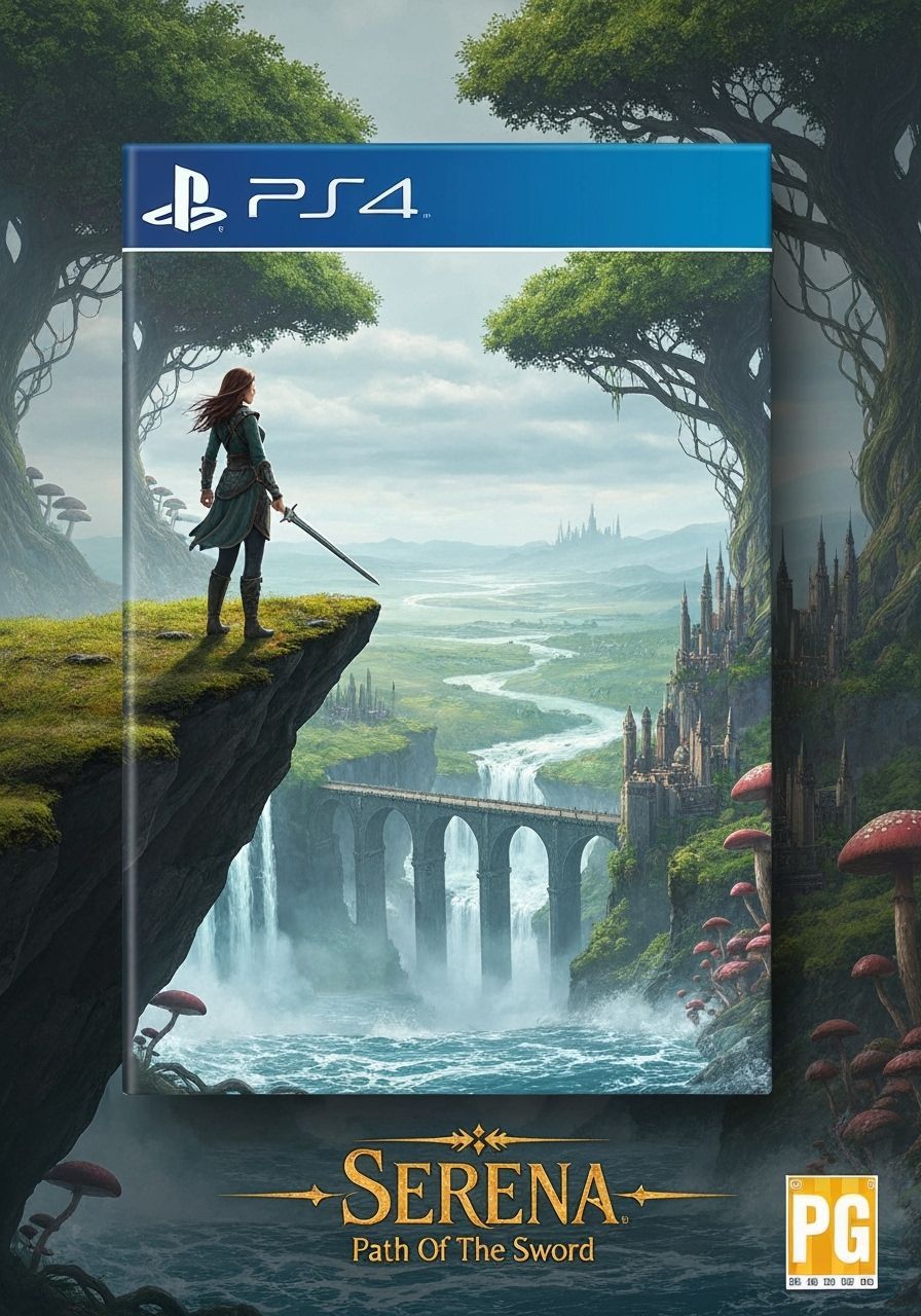 Fantasy Game Cover: Woman with Sword on Cliff