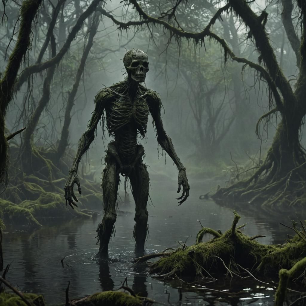 Dark fantasy, film noir. A humanoid creature emerges from th...