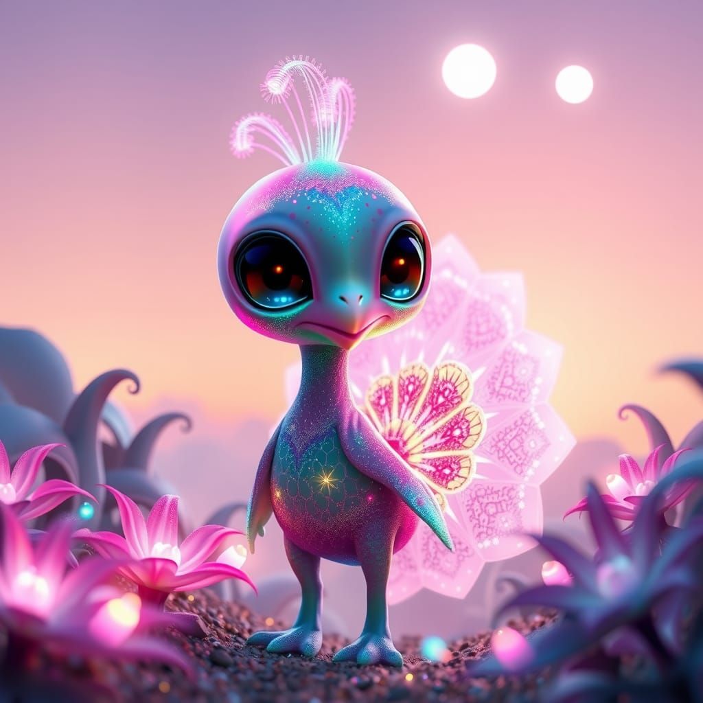 Bioluminescent Peacock Alien in Dreamlike Garden