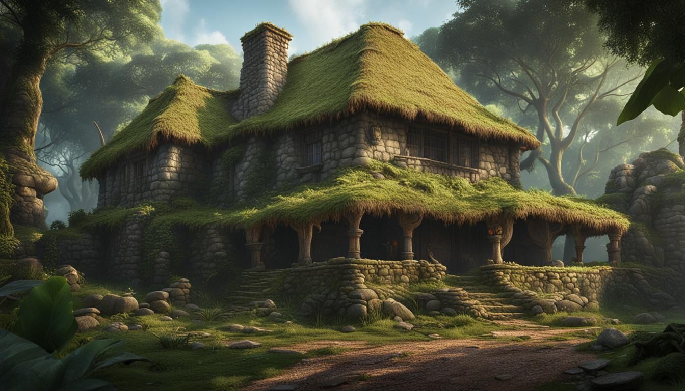 Rustic Stone House with Straw Roof in Jungle