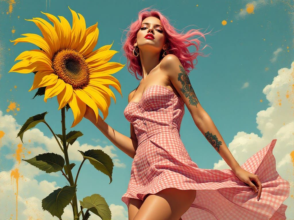 Woman with Sunflower in Painted Sky