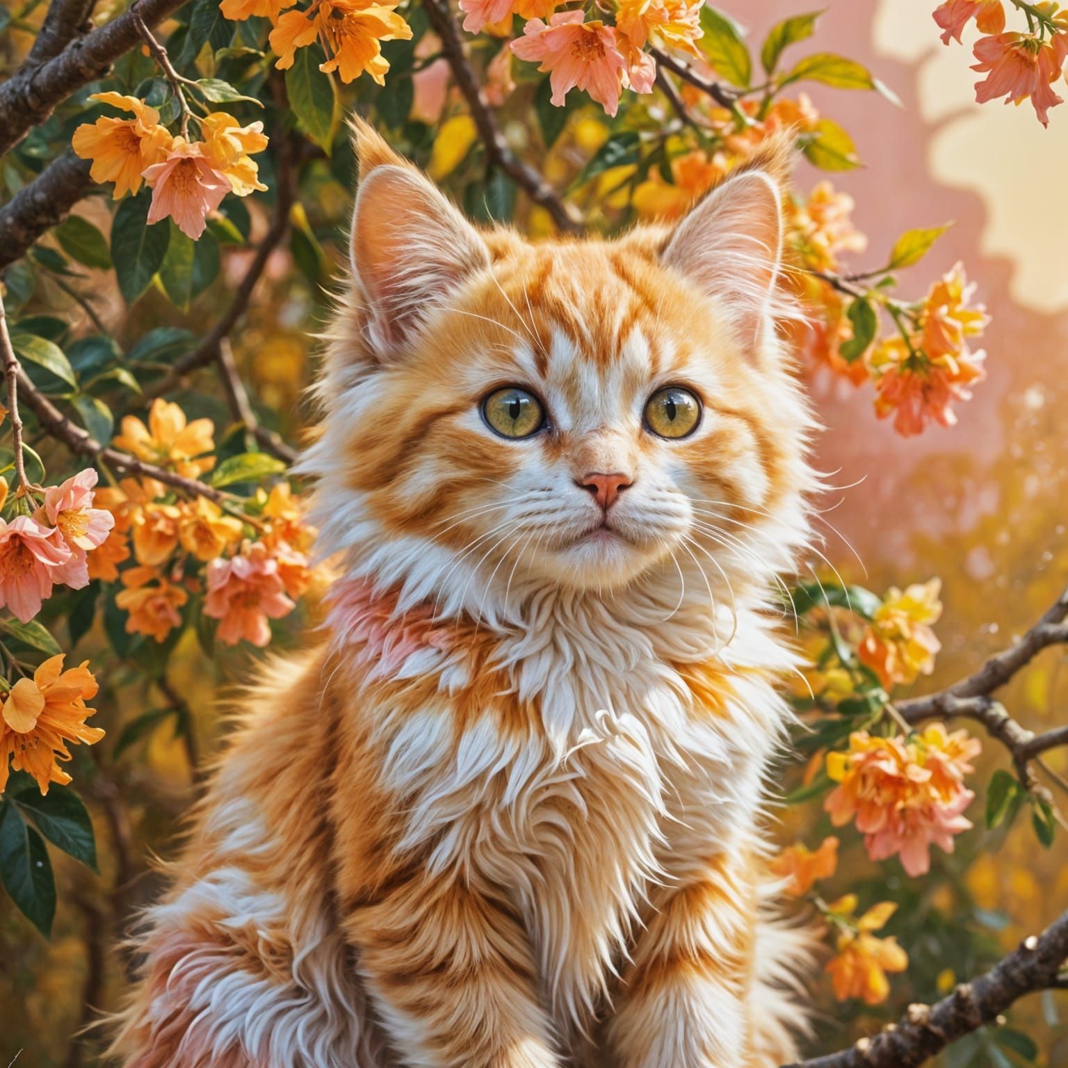 Fluffy Kitten in Blooming Shower Tree Oil Painting