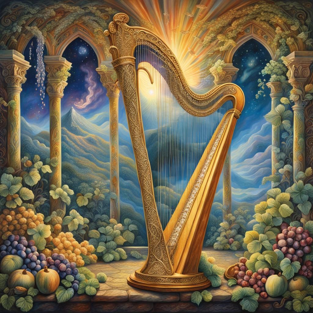 Luminescent Celtic Harp in Irish Church, Hyperreal Painting