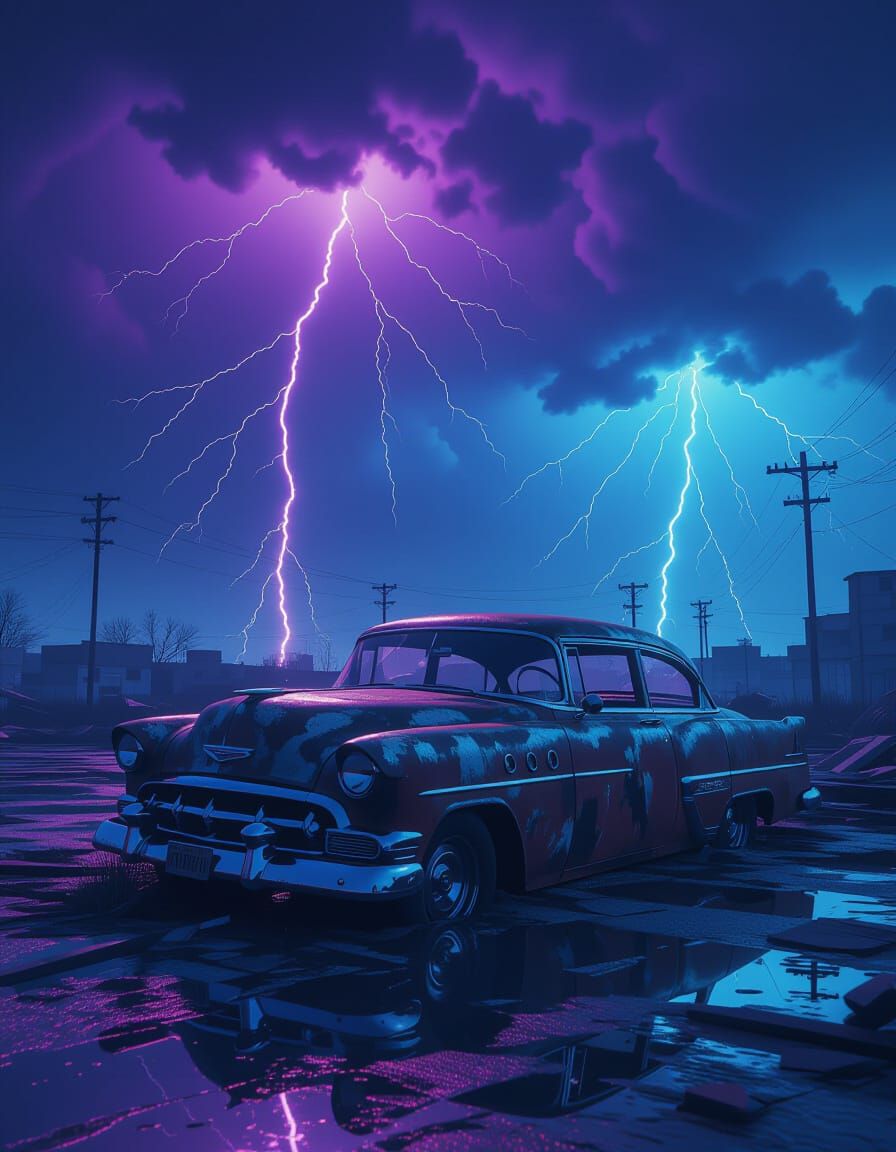 Abandoned Rusted Car in Digital Wasteland