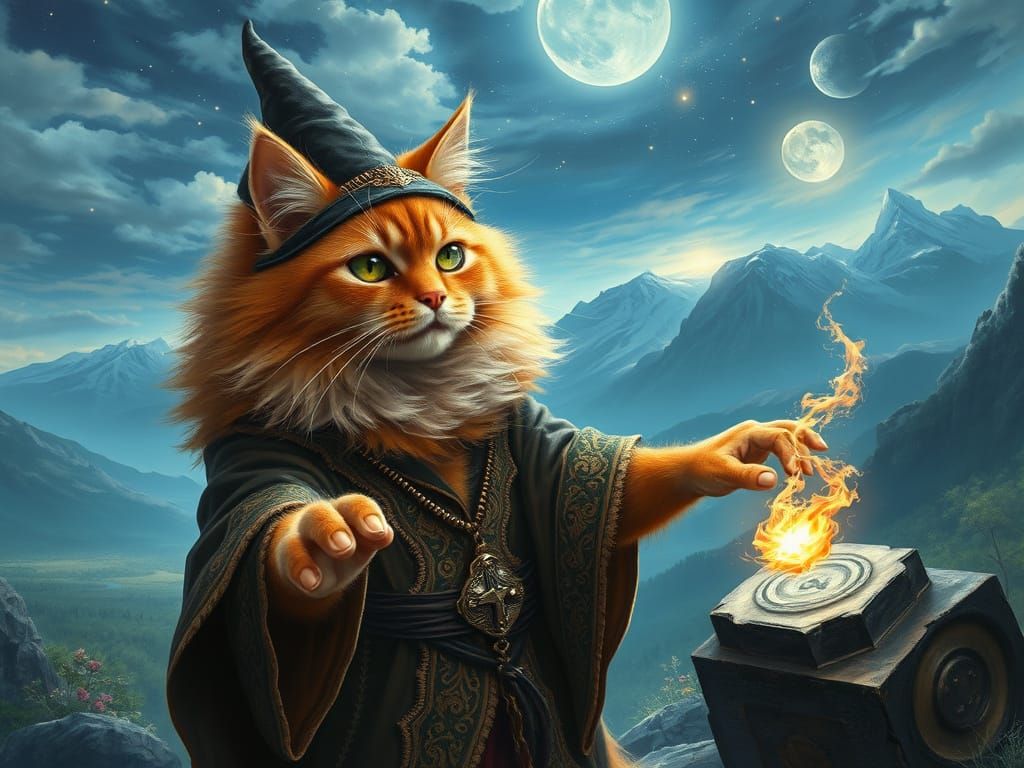 Fluffy Cat Wizard Casting Spell in Epic Landscape