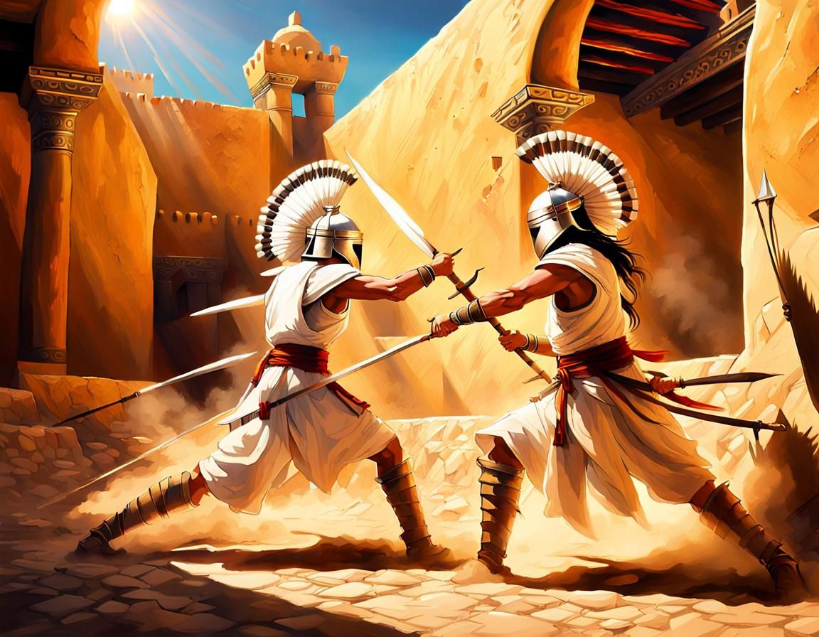 Warriors Clash in Adobe Fortress Courtyard