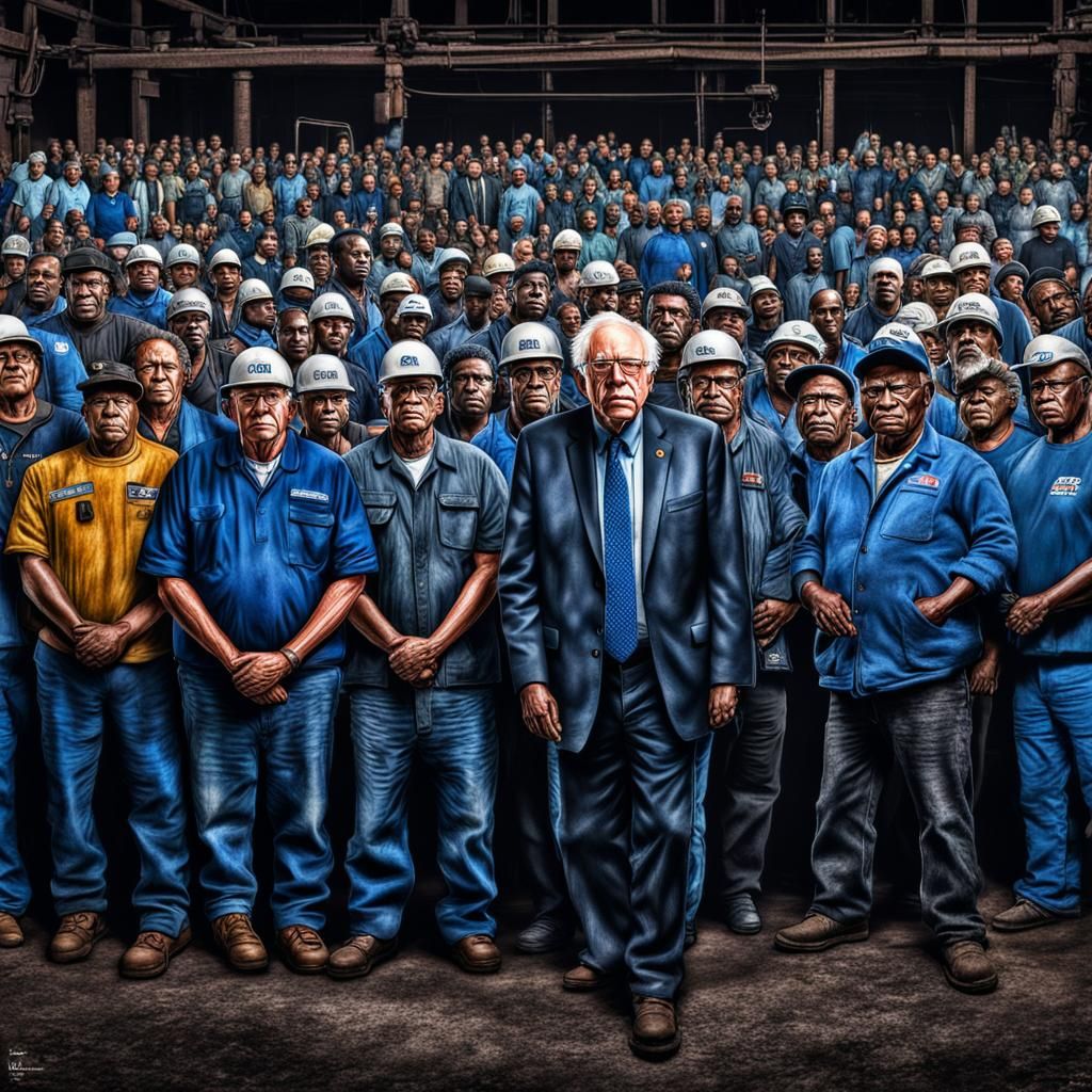 Bernie Sanders with Blue Collar Workers, Hyperrealistic Phot...