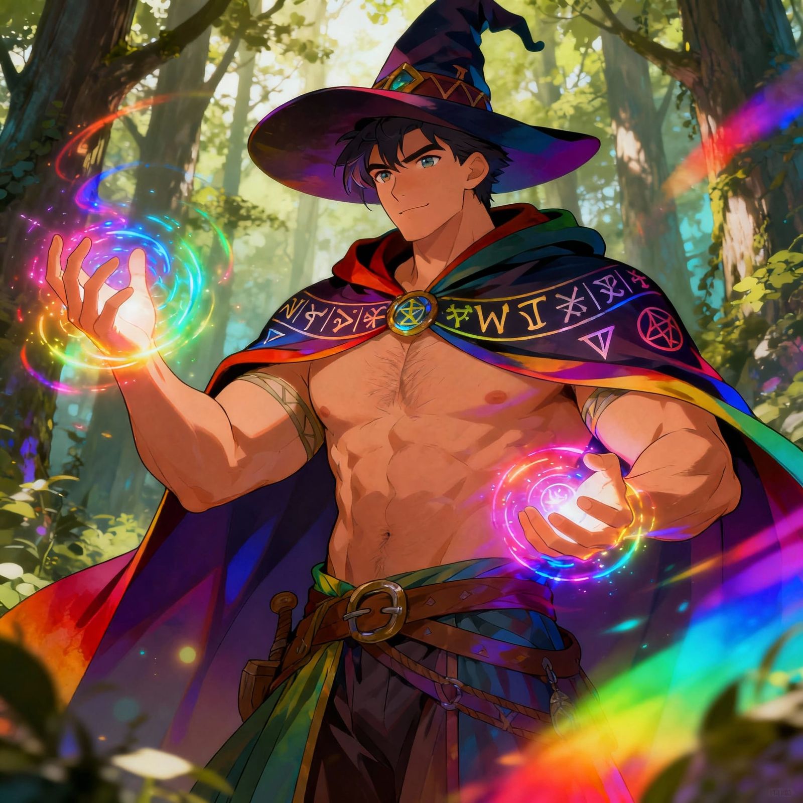 Beefcake Witch Casting Colorful Magic in Forest