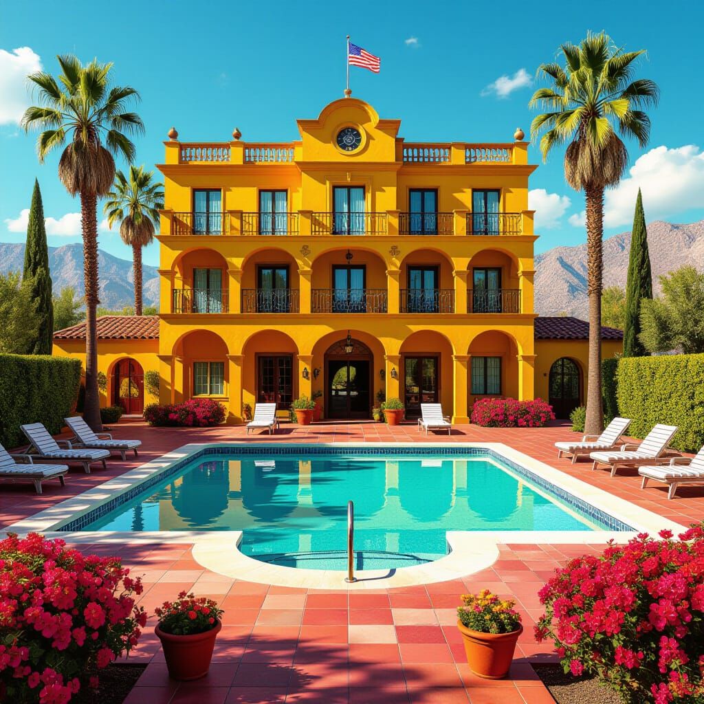 Vibrant Hotel California Landscape with Grainy Textures