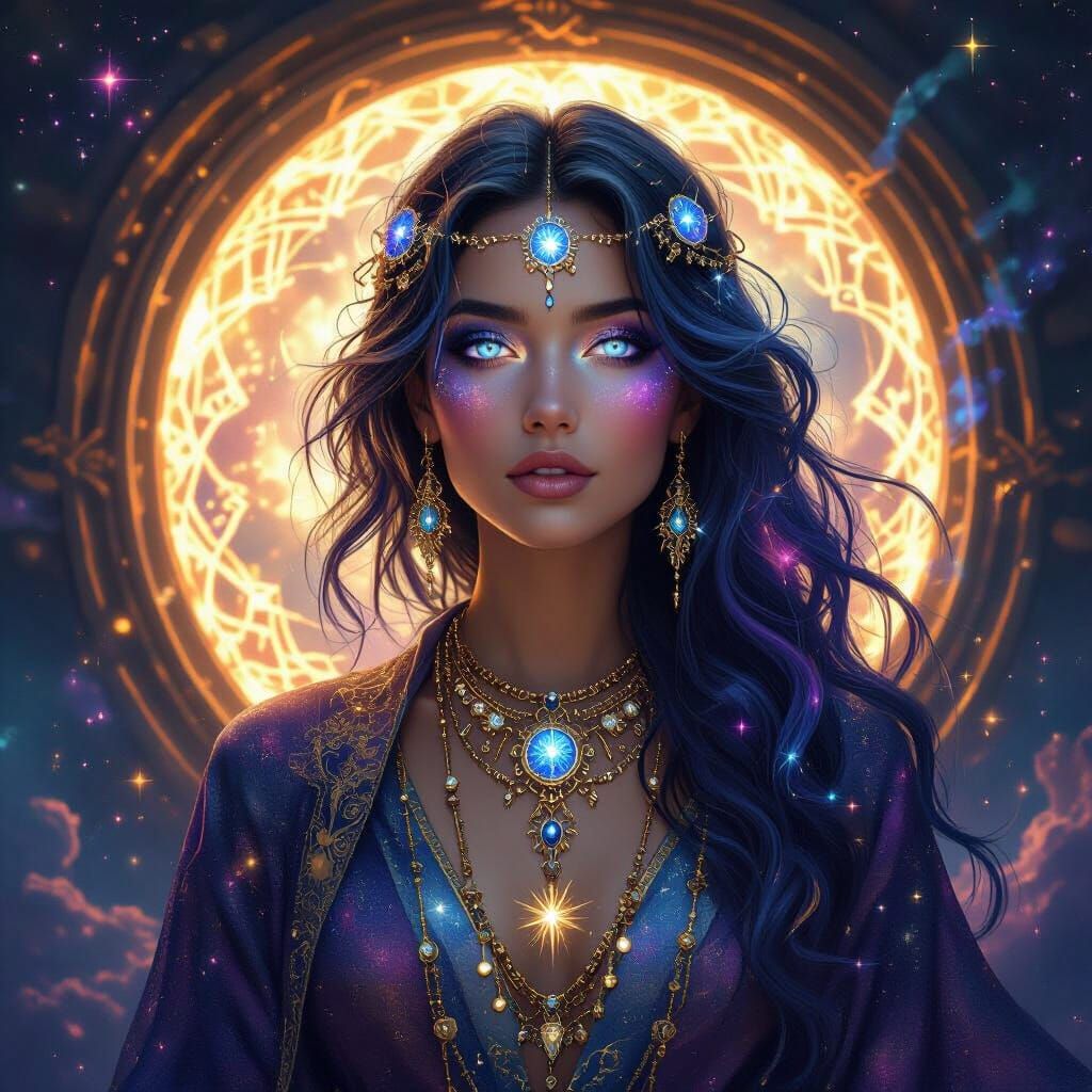 Celestial Oracle Guiding Travelers in Surreal Digital Art