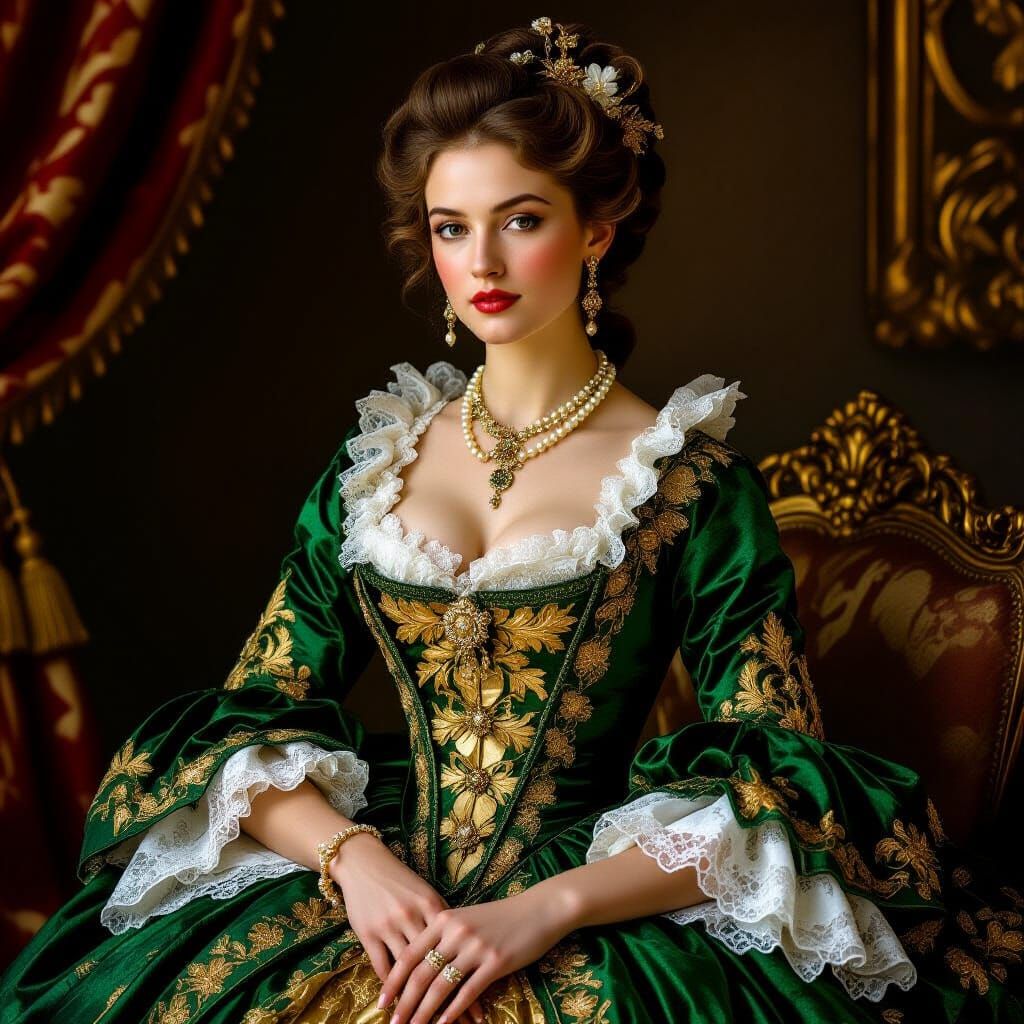 Baroque Woman in Green Dress with Gold Details