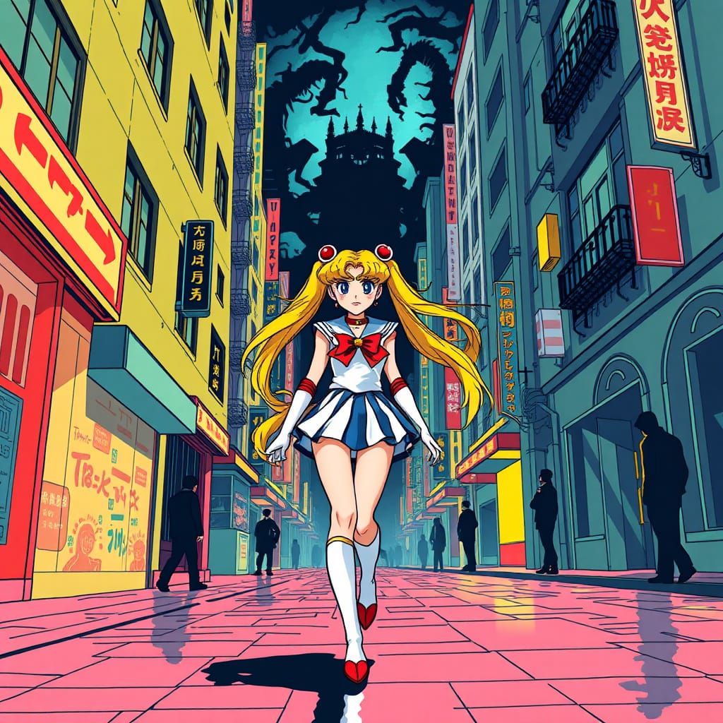 Sailor Moon in Gothic Cityscape, Manga Style