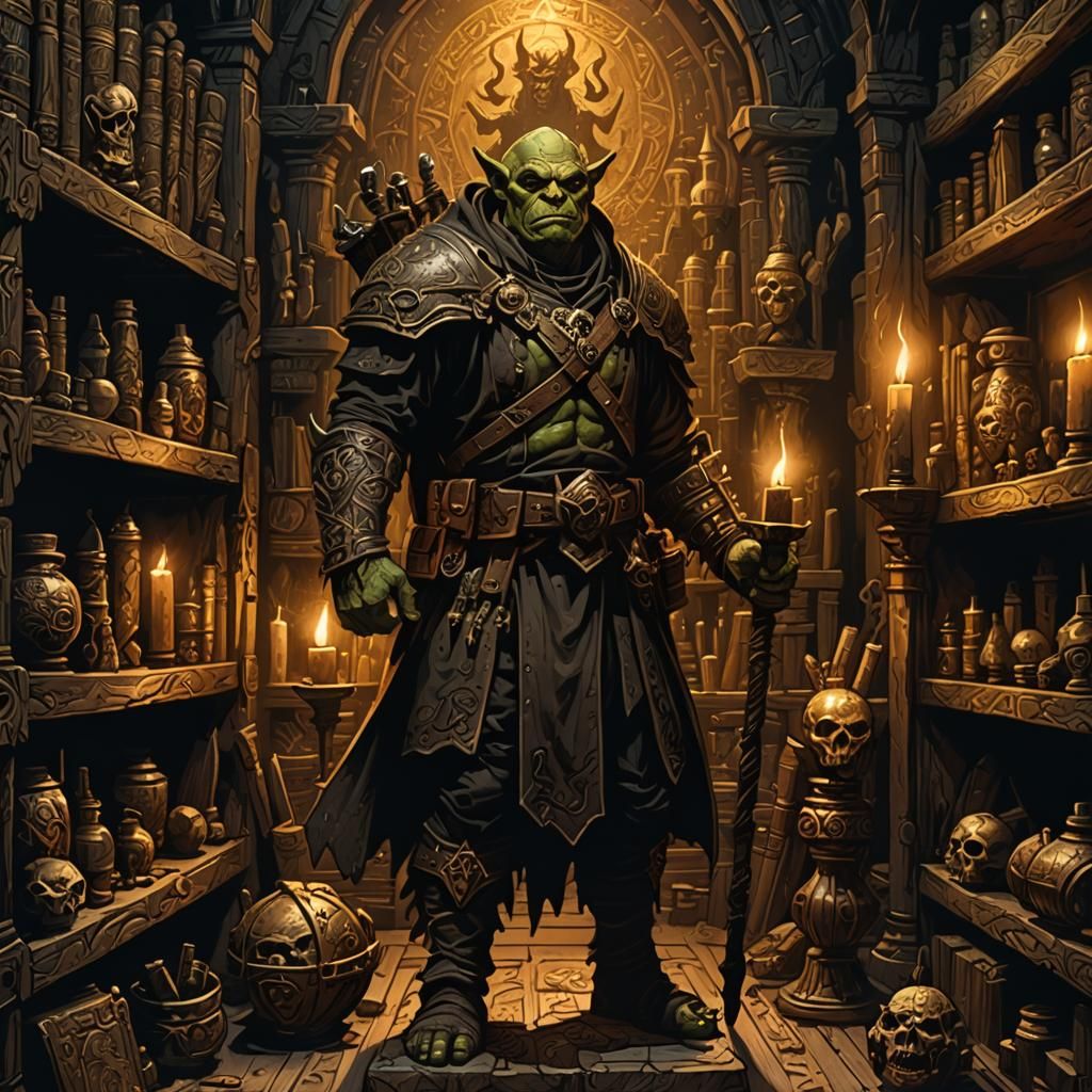 Orc Warlock in Dimly Lit Chamber: Dark Fantasy Art