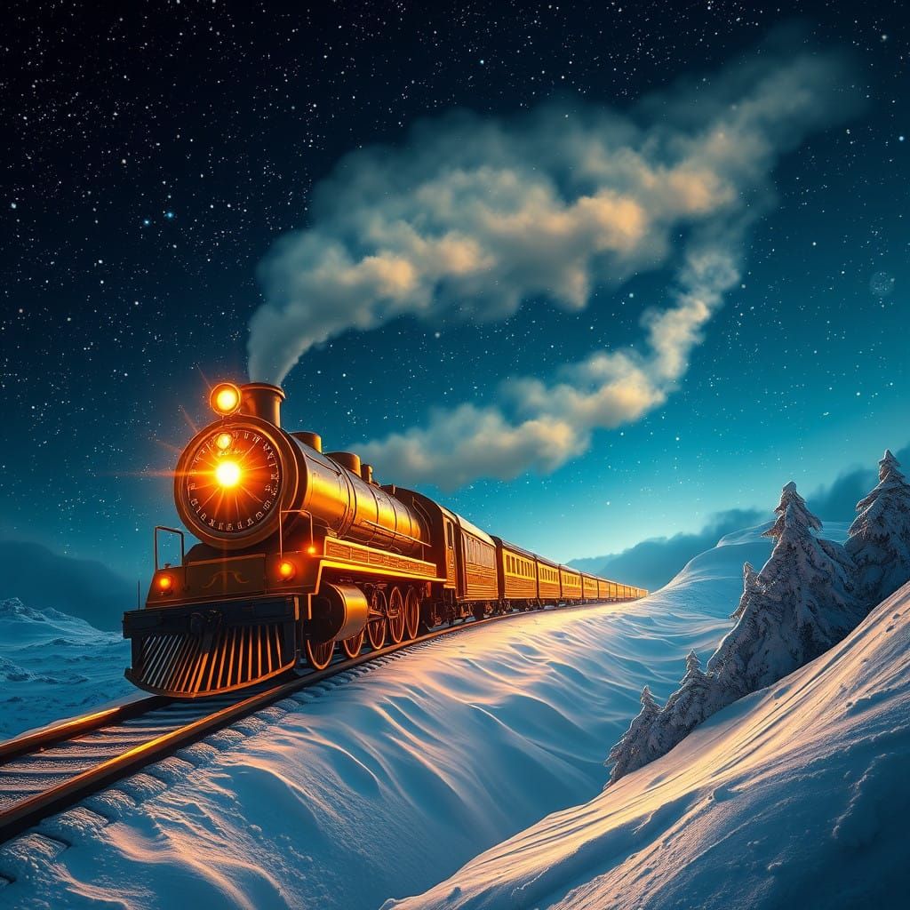 Golden Locomotive Soars Through Snowy Night Sky with Twinkli...