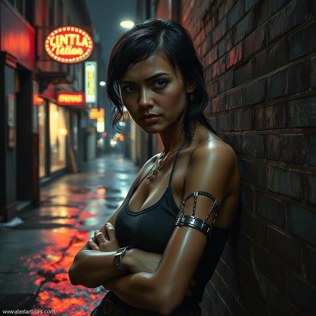 Resilient Latina Woman in Neon Alleyway