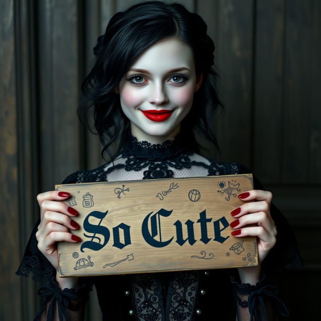 Gorgeous goth girl 
Big smile 
Holding a sign saying "So Cute"