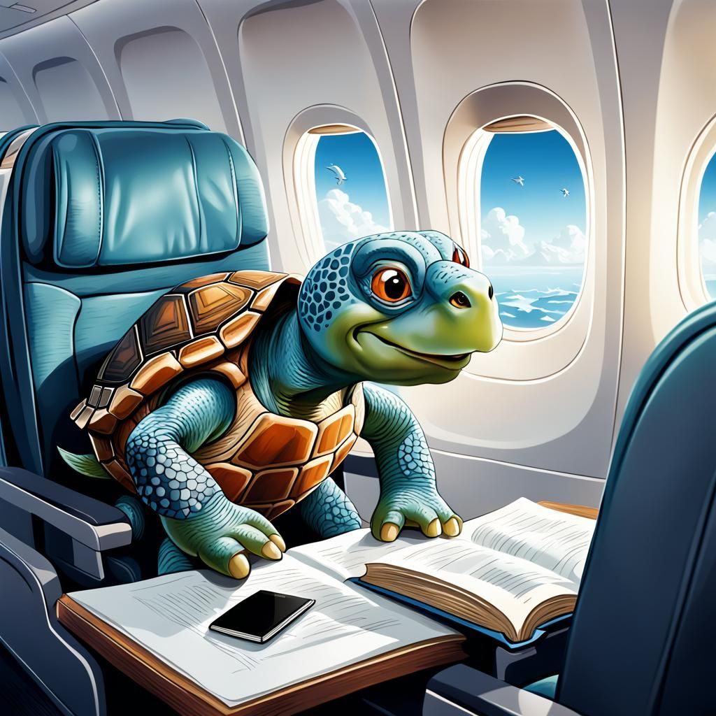 A turtle flies in business class storybook illustration