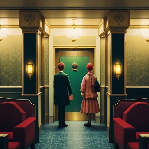 Hotel Lobby Scene in Quirky Wes Anderson Style