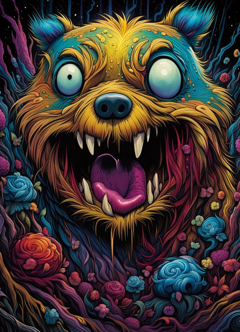 Zombie Winnie the Pooh Portrait in Psychedelic Art Style